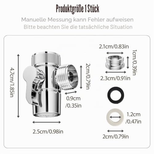 3 Wege Umschaltventil 1/2 Zoll mit M22 X M24,3 Wege Wasserhähn Umschaltventil Poliert T Adapter Dusche,304 Edelstahl Wasserhahn Umsteller,für Küchenspüle und Bad Waschbecken