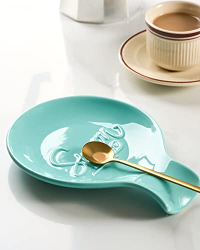 Getstar Spoon Rest for Stove Top, Large Ceramic Spoon Holder for Kitchen Counter (W5.5\"), Farmhouse Decor, Dishwasher Safe (Teal)