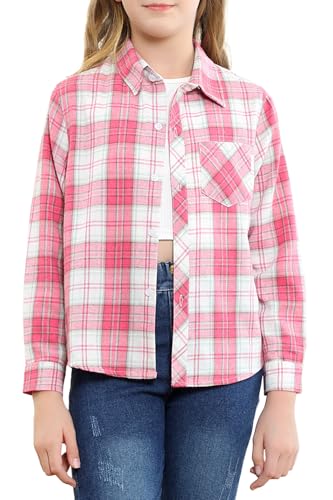 Betusline Girls' Plaid Flannel Shirt, Kids Long Sleeve Button Button Shirts Tops, F Pink #5, 2-3T= Tag 100