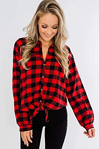 Remidoo Women's Button Down Plaid Shirt Long Sleeve Tie Knot Front Blouse Top Red Small #TOP4