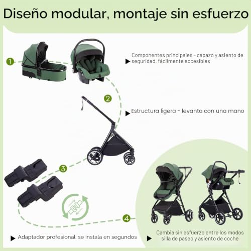 Miniatura 4 de Zkiprm Carrito De Bebe 3 En 1,Con Base Isofix Y Reclinable Silla De Paseo, Conjunto Plegable Portátil Con Un Solo Toque Carrito Bebe, Sistema De Viaje, Con Accesorios, Adaptateurs, 0 Y 3 Años.