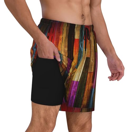 Men's Colorful Painted Wood Print Quick-Dry Mesh Swim Trunks Stretch Lining Beach Shorts Surfing Summer Vacations