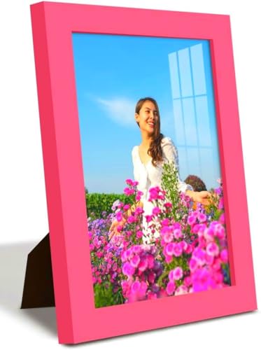 ZYUE 6x8 inch Picture Frame Made of 100% Solid Wood and High Definition PlexiGlass Display Pictures for Table Top Display and Wall Mounting Photo Frame Pink