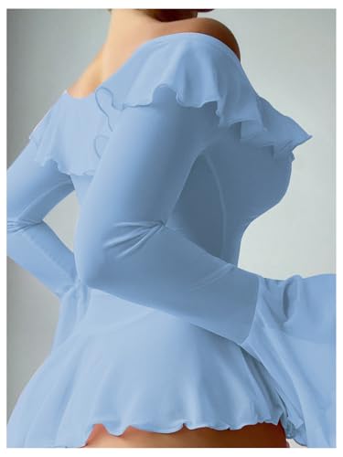 Image of OYOANGLE Women's 2 Piece Off Shoulder Long Sleeve Ruffle Mesh Sheer Nightgowns with Thongs Babydoll Lingerie Set