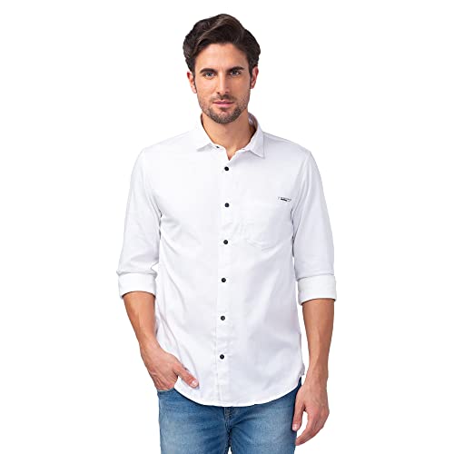 Spykar Men White Cotton Regular Slim Fit Plain Shirt