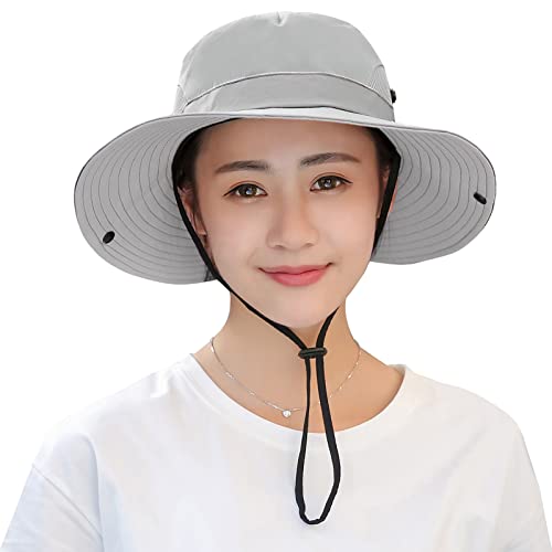 Muryobao Women's Sun Hat Outdoor UV Protection Foldable Mesh Bucket Hat Wide Brim Summer Beach Fishing Cap Pure Light Grey - Thumbnail 2