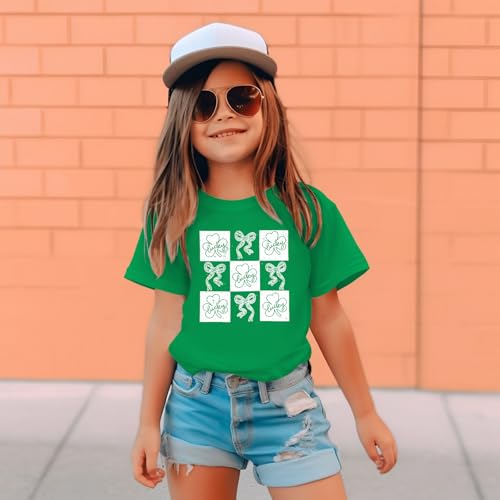 Image of Kid Girls St. Patricks Day Shirts Bow Lucky T-Shirt Shamrock Tees Clover Short Sleeve Tops Irish Outfits 7-12 Years