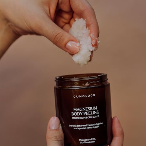 JUNGLÜCK Magnesium Body Scrub - Vegan | Body Scrub with Sugar and Magnesium Crystals for Smoother Skin | For a Smooth Skin Feeling with Organic Mango Butter, Jojoba Oil and Almond Oil