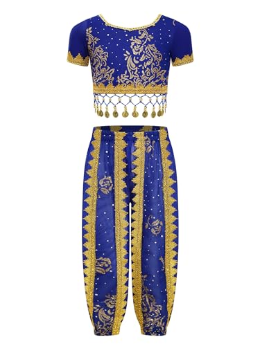 Agoky Disfraz de Princesa Árabe para Niña Vestido de Danza del Vientre Baile India Lentejuelas Traje de Actuación Disfraz Halloween Fiesta Dancewear Azul 2 unids/Set E 2-3 años