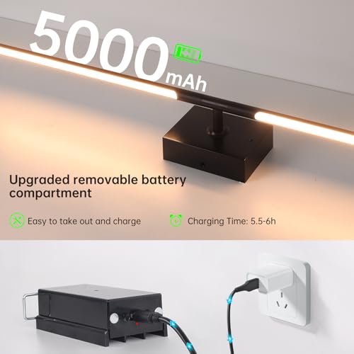 Image of Shenmoyl Battery Operated Wall Sconce Set of 2, 5000mAh Rechargeable Wall Sconces with Detachable Battery, Indoor 350Rotate Wall Lights for Bedroom Living Room, Black, 31.5 Inch