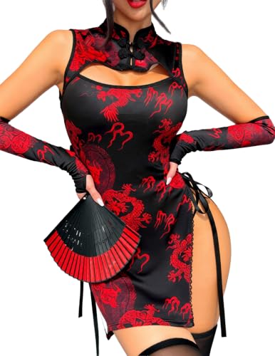 Image of Alrovetoney Sexy Lingerie Fantasy Costume Sexy Series Printed Cut-Out Slit Women's Costume Red S-XXL