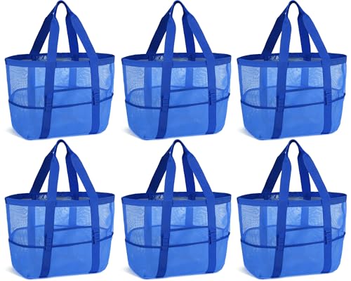 Image of Hillban Large Beach Mesh Bags Bulk for Women Beach Tote Bag with 8 Pocket Zipper Waterproof Sandproof for Pool Cruise Ship