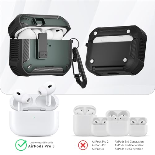 Image of for AirPods Pro 3 Case with Magnetic Lock and Phone Stand, Compatible with Magsafe Charging,with Carabiner&Cleaner kit for Apple iPod Pro 3rd Generation Cover(2025) Men Women (Dark Green)