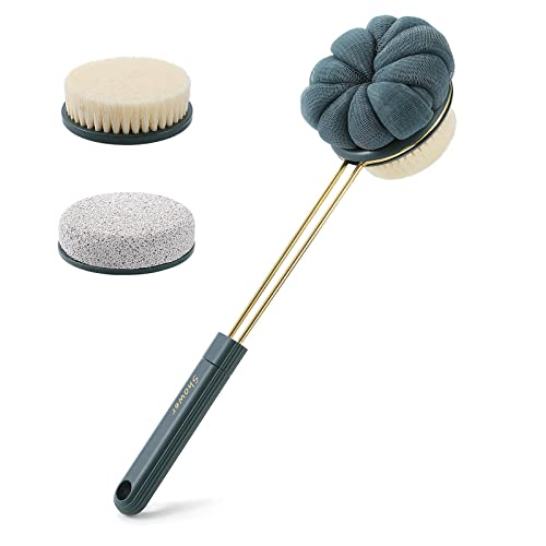 LFJ Brosse Dos Douche Long Manche Éponge Fleur de Douche Pierre Ponce Pied 3 en 1 Accessoires pour le Bain (Vert Foncé)
