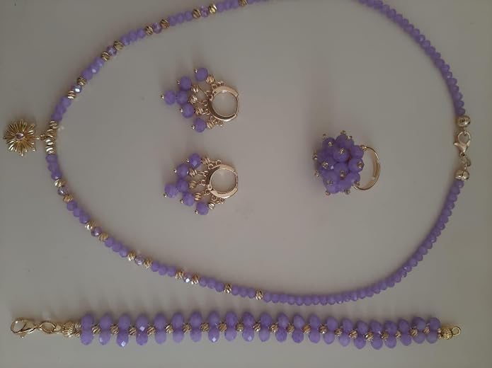 Set Gioielli con Perline Lilla e Oro, 4 Pezzi