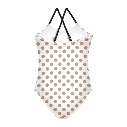 senya Girls Swimsuits One-Piece Swimwear Tie Bathing Suit Beach Summer Round Neck 9-10T White Background Brown Polka Dots Pattern2