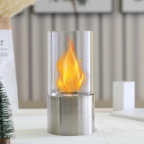 JHY DESIGN Portable Tabletop Fireplace with Cylindrical Glass 25cm High Table top Fire Bowl Pot Clean Burning Bio Ethanol Ventless for Indoor Outdoor Patio Parties (Silver)