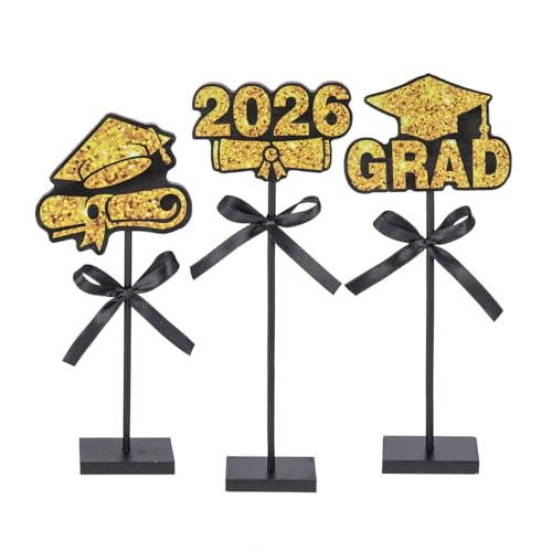 OZENT 2026 Graduation Decorations – 3 Pack Black Gold Glitter Wooden Centerpieces, Class of 2026 Congrats Grad Table Topper Signs for Graduation Party Supplies, Rustic Wooden Grad Table Decor