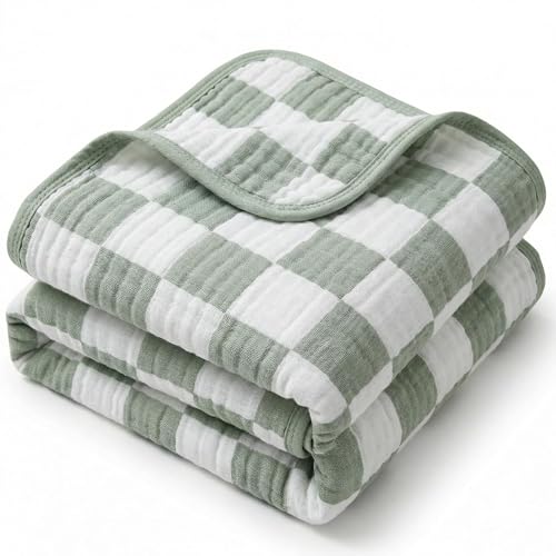 Image of 6-Layer Muslin Toddler Blanket - Made with Organic Cotton, Large 50x60 Crib Quilt & Bedding for Kids & Moms (Sage Green Checkered)