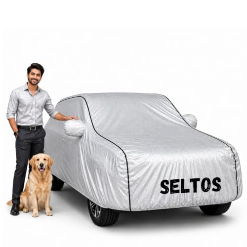 Image of Waterproof Car Cover for Seltos | Soft Cotton Lining Heavy Duty Triple Stitched Heat Resistant Outdoor Cover Comes with Mirror and Antenna Pocket Full Bottom Elastic (Zig Zag Silver)