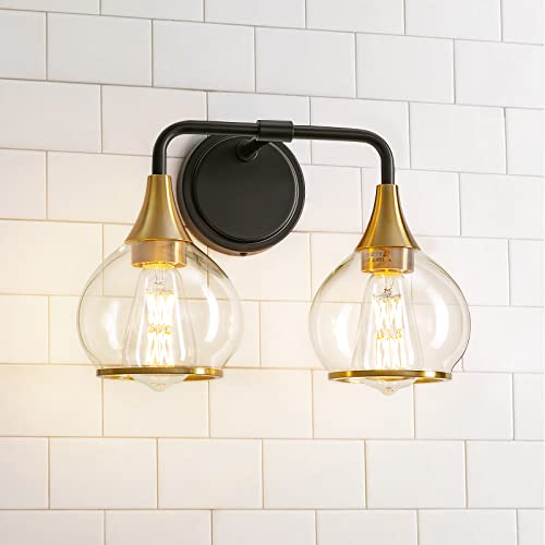 Image of Black and Gold Bathroom Light Fixtures 2-Lights Vanity Lights with Clear Glass Shade Bathroom Vanity Light 14 Inch Wall Sconces(Exclude E26 Bulb)