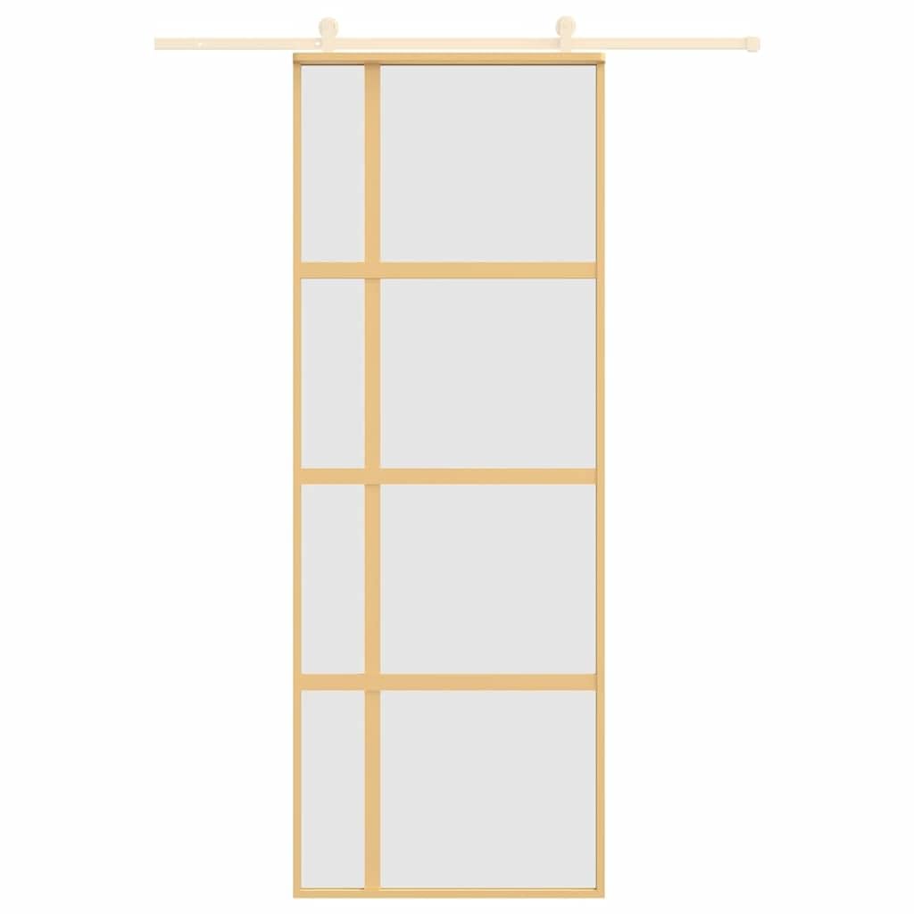 Drzwi przesuwne złote 76 x 205 cm matowe szkło ESG aluminium skrzydło drzwi z futryną drzwi do przedpokoju i domu, w zestawie materiały mocujące, odpowiednie do renowacji i budowy nowej