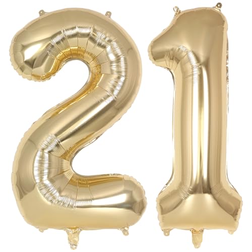 Image of Champagne Gold Large Number 21 Balloon, 40 Inch Light Gold Foil Helium Number Balloons, Giant Mylar Number 21 Balloons for 21 Years Old Birthday Party Anniversary Decorations (Champagne Gold 21)