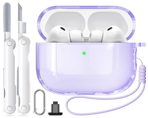 Inesore for AirPods Pro3 ケース クリア (2025) シリカゲルロープ & カラビナ & クリーニングペン付き、TPU素材/全面保護/耐衝撃/強力な落下防止、エアーポッズプロ 第3世代対応保護カバー -パープル