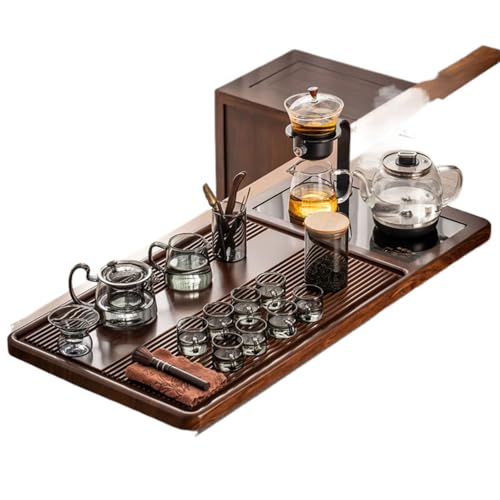 Plateau à thé Gongfu en bois massif noble et sa bouilloire à induction intégrée