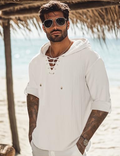 OYOZONE Mens White Linen Hawaiian Shirts Summer Outfits lace up Pirate Costume Caribbean Shirts for Men with Hood — view 3