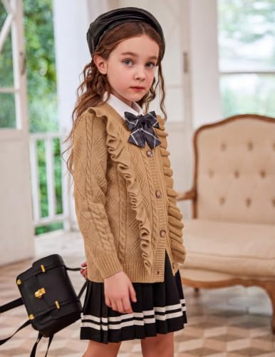 Image of Arshiner Girls Cardigan Sweaters Ruffle School Uniform Sweater V Neck Button Front Outerwear 4-13 Years