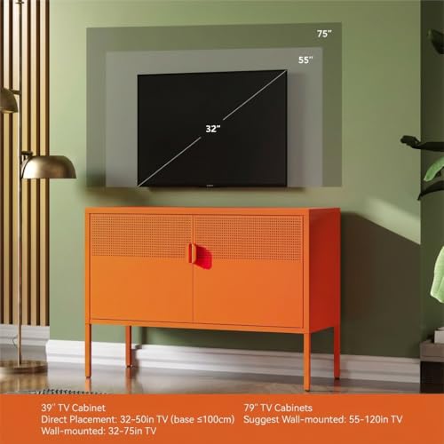 Image of COFaR TV Stand for TVs up to 75 Inch, 40''L Media Console with Ventilation Doors, Metal Entertainment Center with Adjustable Shelves & 120Lbs Storage for Living Room & Bedroom, Orange
