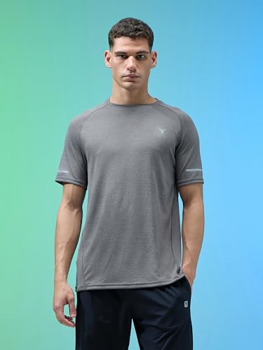 Image of TECHNOSPORT Men's Melange Slim Fit Round Neck T-Shirt Double Cool Raglan Sleeve Slip On Polyester for Gym Running Workout UPF50+ Anti Odour