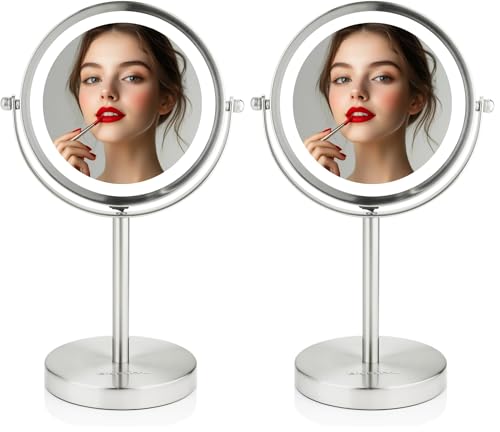Image of OVENTE Lighted Vanity Mirror 6 Inch Table Top 1X 7X Magnification LED 360 Adjustable Double Sided Spinning Personal Makeup Stand Desk Bathroom Battery Powered Round Large Nickel Brushed MLT60BR1X7X