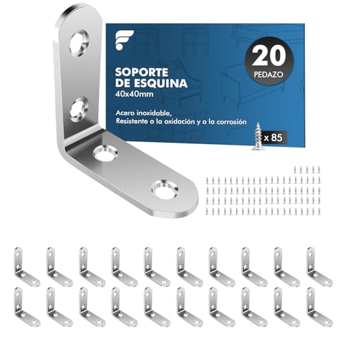 shinfly Soporte De Esquina De Acero Inoxidable, 20 Piezas 40 X 40 mm, Escuadras Metalicas De 90 Grados Con 85 Piezas De Tornillos, Soportes En L De ángulo Para Muebles, Sillas, Mesas, Ventanas