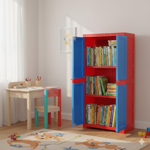 Image of Cello Novelty Big Bookshelf, Red & Blue | 2 Dustproof Doors | Space Saving Cupboard | Plastic Book Shelf | Multipurpose Book Shelf for Home, Office | Book Organizer for Library