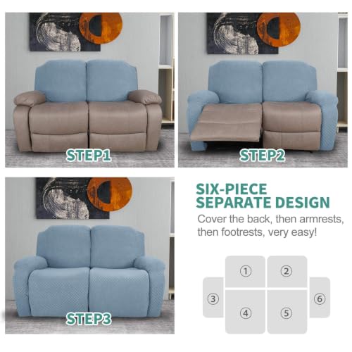 Image of YEMYHOM 6 Pieces Stretch Loveseat Recliner Slipcover Jacquard Recliner Sofa Cover with Side Pocket Fitted Recliner Cover Couch Furniture Protector with Elastic Bottom (Loveseat Recliner, Light Blue)