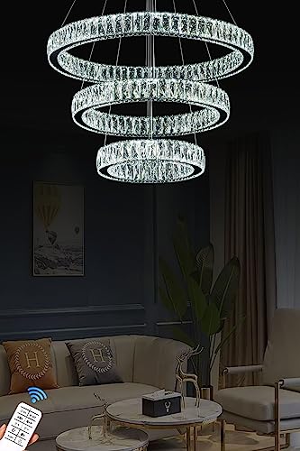 Idequy 32"+24"+16" 3 Rings Big Crystal Chandeliers For Living Room Foyer Hallway Staircase High Ceiling Chandeliers Long Hanging Pendant Light Led Dimmable 3000-6000K #TOP5