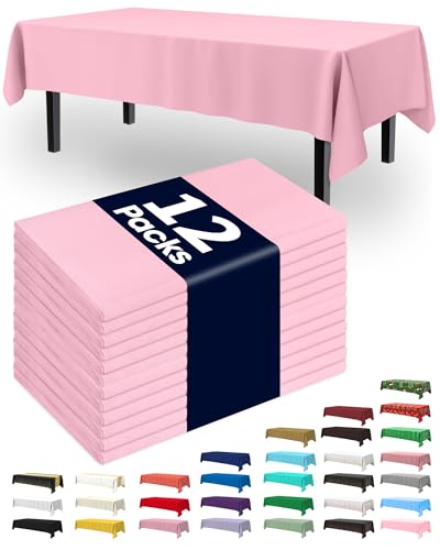 Pureegg Plastic Table Cloth Disposable 12 Pack, 54 x 108 Inch Table Cloths, Easter Party, Valentines, Mothers Day Decorations, Tablecloths, Rectangle, Pastel Plastic Cover, Leakproof & Sturdy, Pink