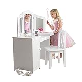 Prepararse con estilo KidKraft- Juego de tocador con espejo y espacio de almacenamiento y silla de madera, tamaño mediano, para cuarto de juegos de niños/muebles de dormitorio Deluxe, Color Multicolor (13018)