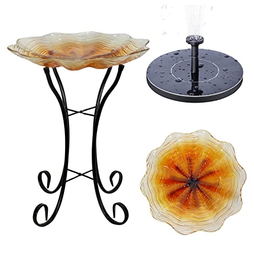Grateful Gnome Hand-Painted Glass Bowl Bird Bath W/Solar Fountain - Golden Flower Design #TOP11