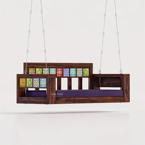 Image of Wooden Swing for Balcony, Solid Sheesham Wood 3 Seater Jhula with Cushion, Heavy Duty Hanging Sofa Bench for Living Room, Indoor Traditional Indian Wooden Swing | Walnut Finish