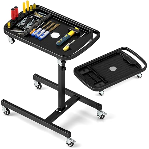 COSTWAY 2-in-1 Rolling Work Table, Height Adjustable Tool Cart with Detachable Top Tray, 8 Wheels & Handle, Portable Mechanic Tool Tray on Wheels for Garage, Repair Shop, Workshop, 60 kg Max Load