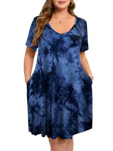 Image of ZENNILO Women's Plus Size Swing Dress with Pockets Casual Summer Dresses V Neck Short Sleeve T Shirt Dress for Women
