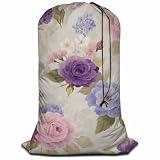 Swono Spring Flowers Laundry Bags With Drawstring XL Travel Storage Bags 28'x40', Heavy Duty Multi Use, Floral Shabby Chic Pattern Washable Dirty Clothes Organizer, Easy Fits Laundry Hamper Basket,