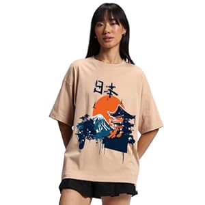 JUNEBERRY® Pure Cotton Drop Shoulder Oversized Baggy Fit Cool Nature Front Graphic Printed Beige Half Sleeve T-Shirt for Women & Girls (Sizes: S to 2XL)