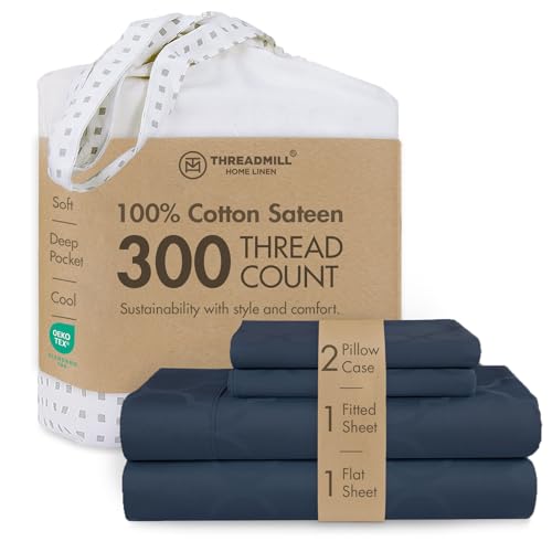 Image of Threadmill 300TC Cotton King Sheet Set, Sateen, Damask, Folkstone Blue
