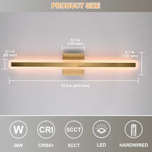 Image of Modern Bathroom Vanity Light 31.6 Inch, 36W 5CCT Dimmable LED Vanity Light Bar, Brushed Brass LED Bathroom Lighting Fixtures Over Mirror Wall Sconces for Cabinets Bedroom Living Room