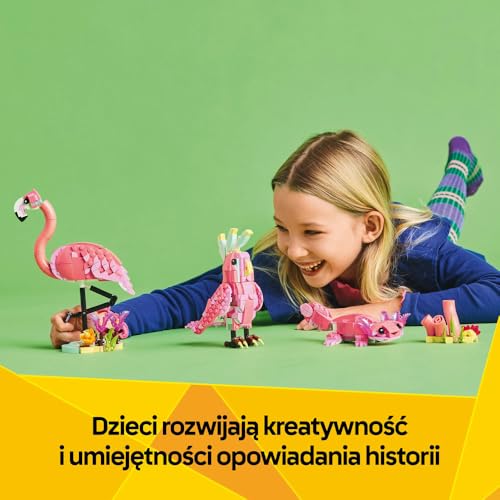LEGO Creator 3 w 1 Dzikie zwierzęta: różowy flaming, Zabawka dla Dziecka, Możliwość Przebudowy na Kakadu lub Aksolotla, Pomysł na Dekoracje do Pokoju Dziecięcego i Prezent dla 8-latki, 31170