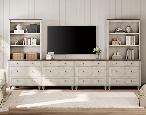 WAMPAT Entertainment Center with Bookshelves for TVs up to 75", Farmhouse Wall Unit TV Stand with Drawers, Media Console Table for Living Room, Bedroom & Home Theater, Rustic White